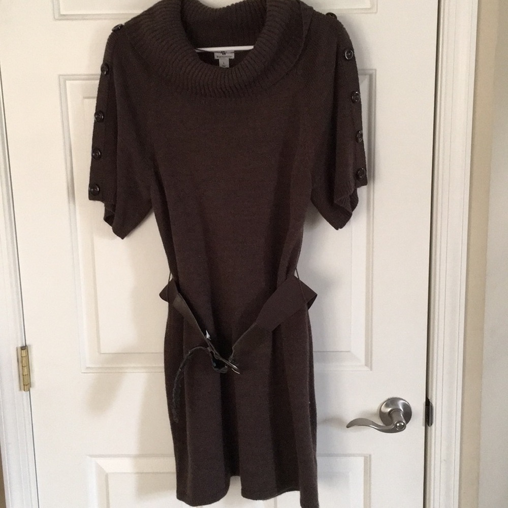 Brown belted sweater dress